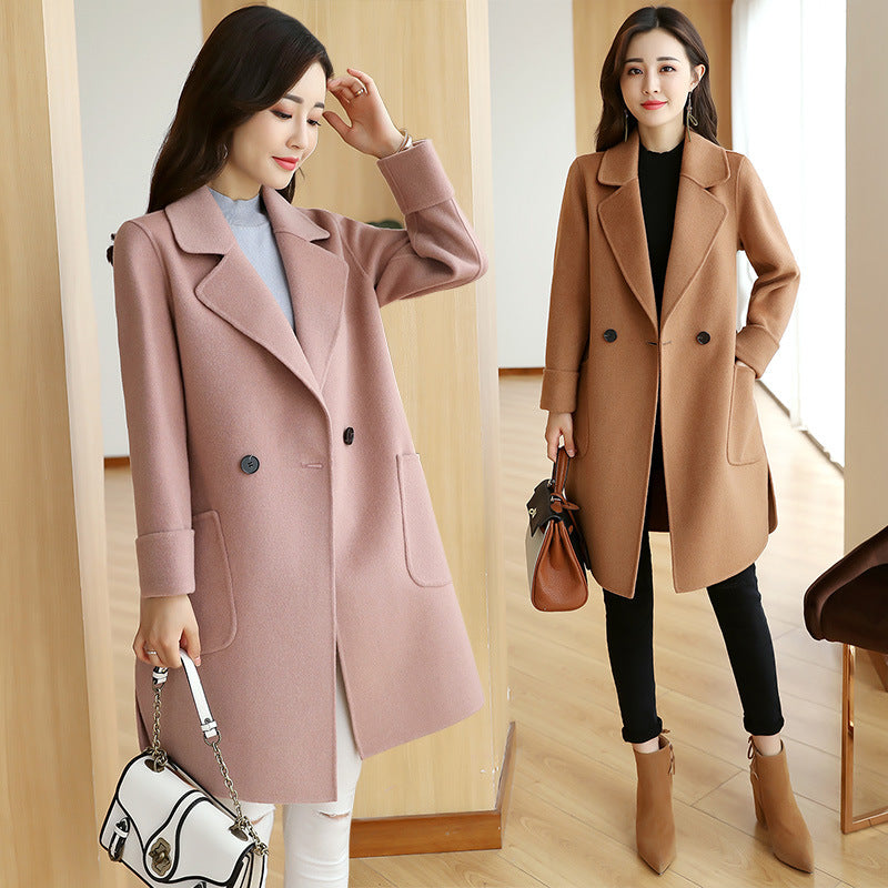 Fashion All-In-One Counter Quality Pure Wool Hand-Stitched Medium Length Double-Sided Cashmere Overcoat