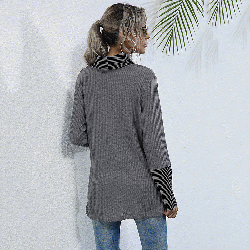 Women's Autumn Loose Pile Collar Shirt Long Sleeve Splicing Knitwear