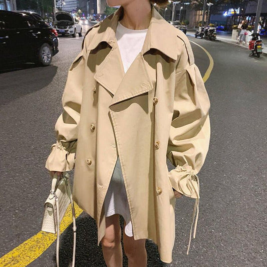 Autumn New Drawstring Version Loose Short Trench Coat Retro Popular Student Coat Female