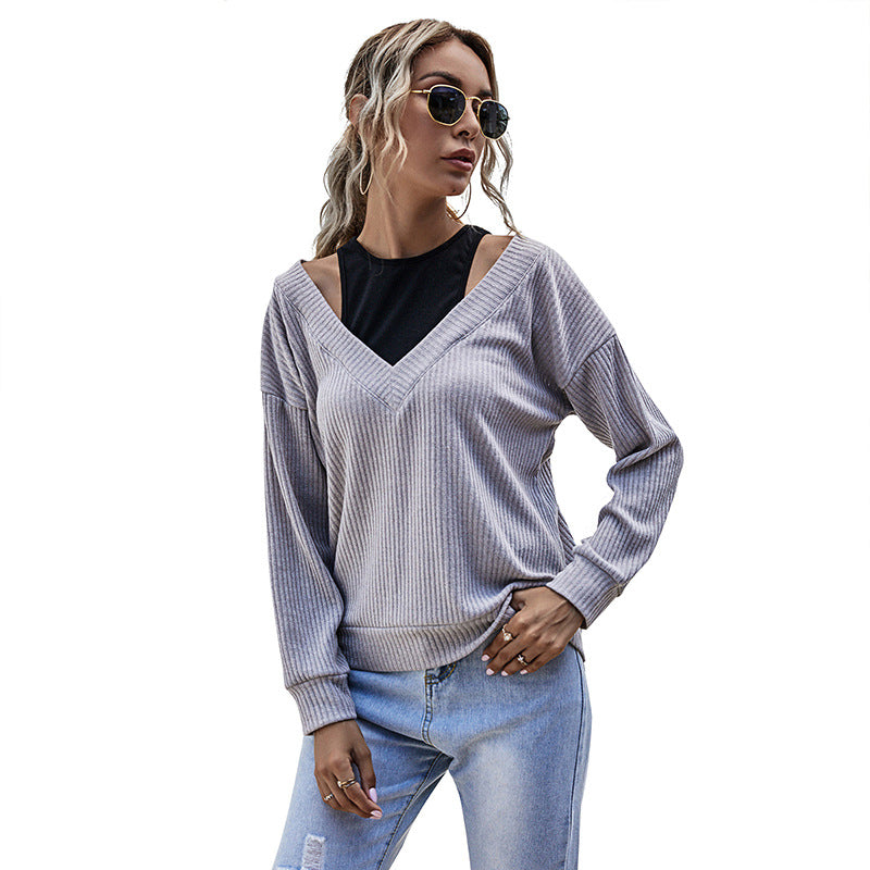 Two Pieces Of Large-Size Splicing V-Neck Knit Sweater For Women