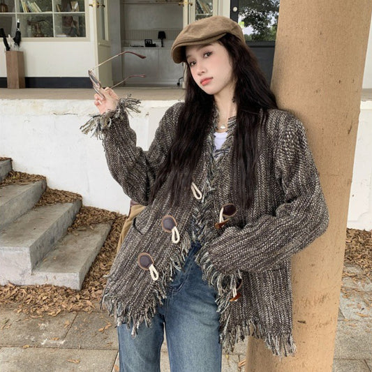 Vintage Crochet Button Furred Edge Fringe Design Feeling Lazy Loose Jacket Cardigan Coat Top