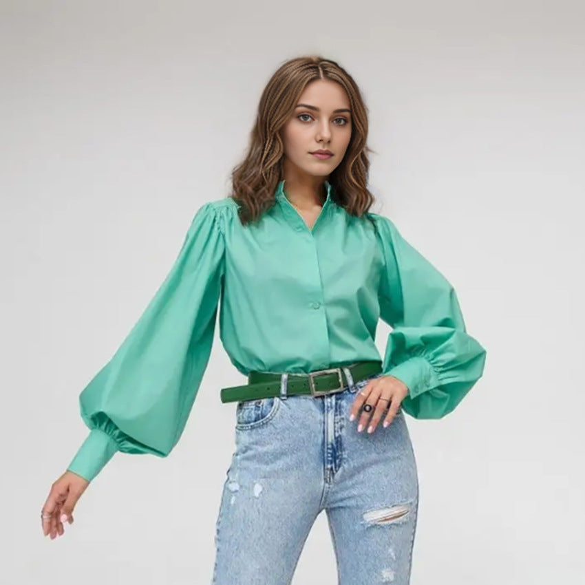 Spring Fashion Temperament Wildberries Solid Color Lapel Shirt Sleeves Casual Commuter Women's Wear