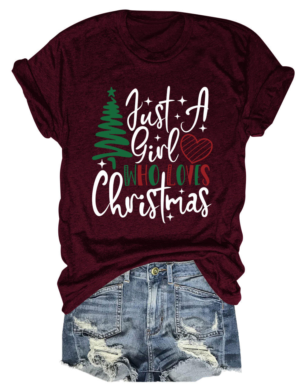 New Just A Girl Fun Christmas Tree Print Round Neck Short Sleeve Female Spot