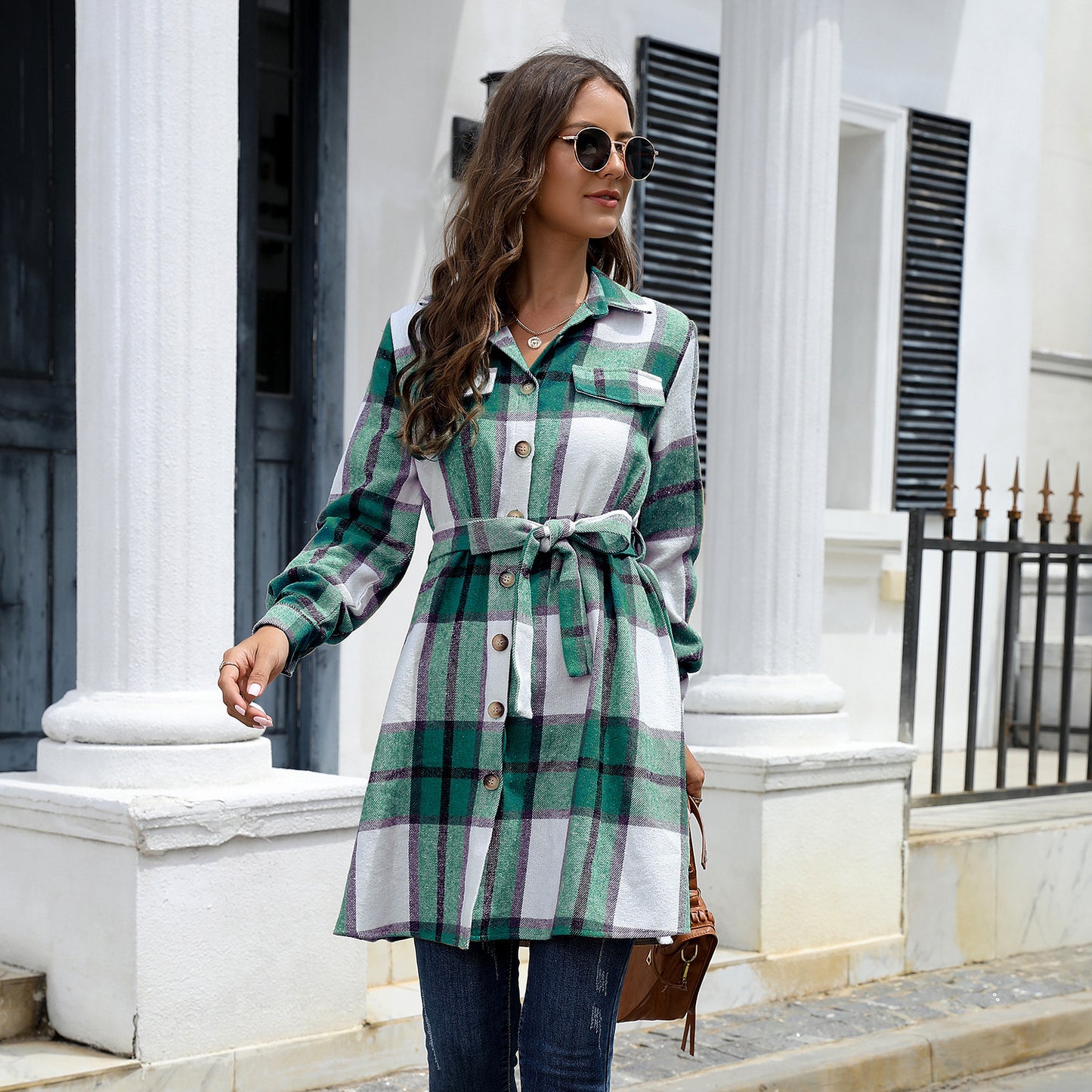 High-Waisted Large-Size Women's Long-Sleeved American Plaid Long Thick Dress American Vintage Button Dress