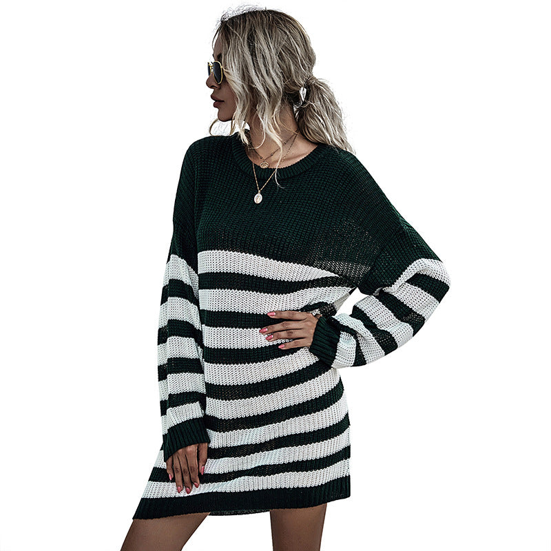 Autumn Chic: Women's Long-Sleeved Crew-Neck Striped Sweater Dress