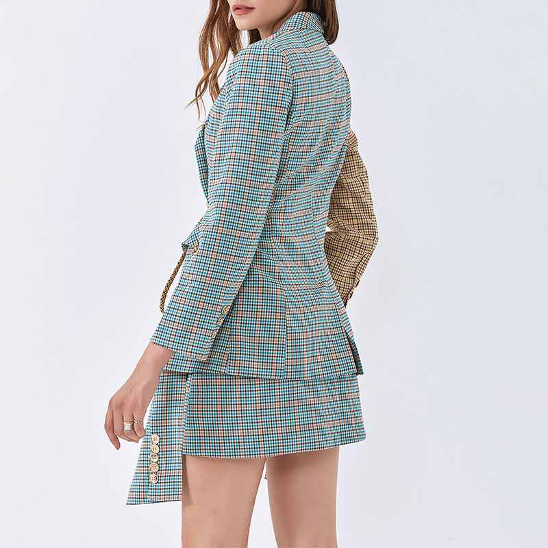 Women's New Fashion Age Reduction Color Plaid Lace-Up Small Suit Skirt Casual Women's Suit