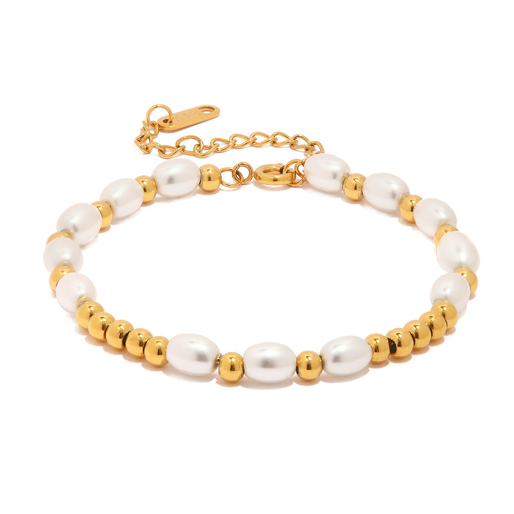 5pcs 18K Gold Bracelet Glass Pearl Rice Bead Bracelet Fashion All-Match Titanium Steel Non-Fading Bracelet Jewelry