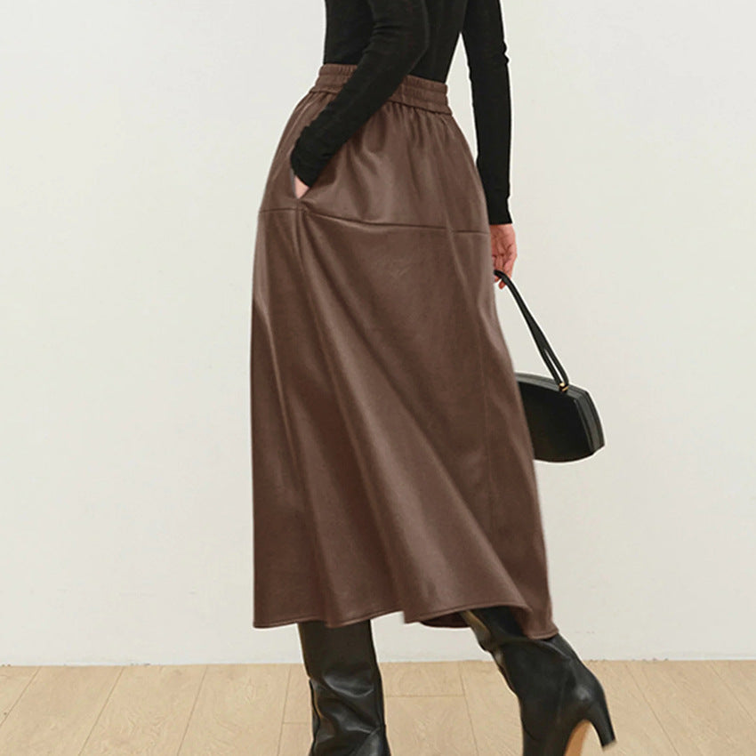 Autumn And Winter Leisure Loose Vintage Leather Skirt High Waist All Commuter Half A-Line Skirt Women