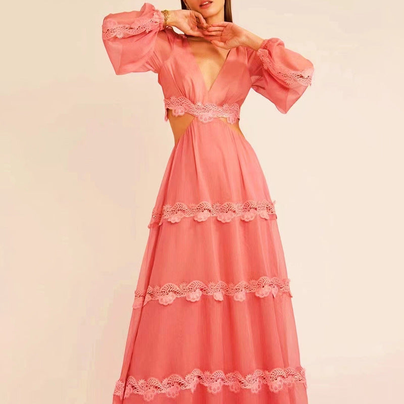 New Fashion Design Sense V-Neck Long Sleeve Hollow Embroidery Waist Ruffled Long Dress Women