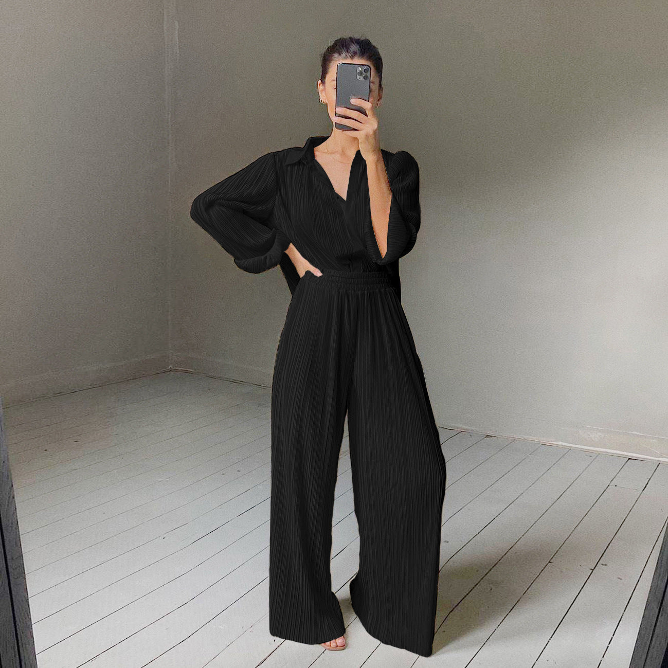 Autumn And Winter New Long-Sleeved Lapel Pleated Shirt Women's Wide-Leg Floor-Length Pleated Pants Suit Solid Color