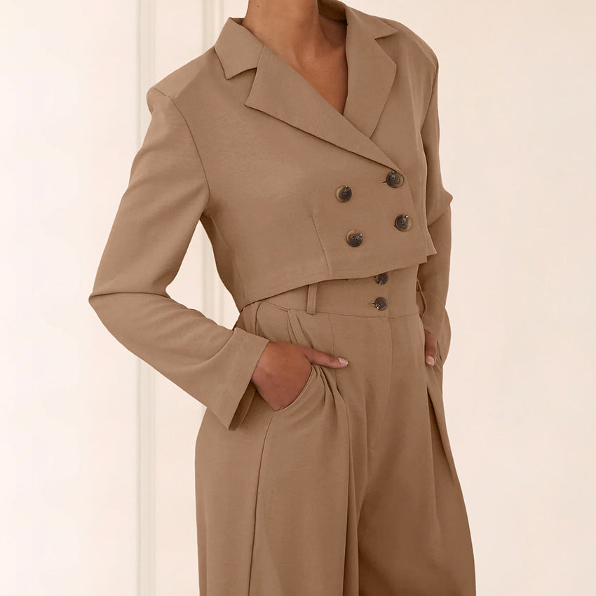 New Fall Fashion Khaki Suit Collar Temperament Short Top High Waist Pant Suit