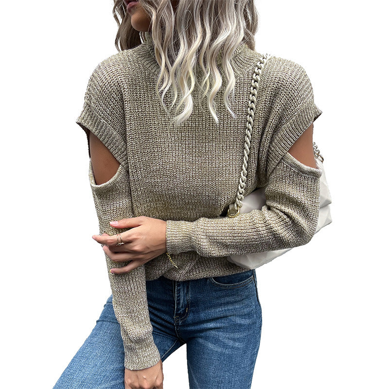 New Autumn And Winter Fashion Women's Turtleneck Long Sleeve Solid Color Hollow Shoulder Sweater