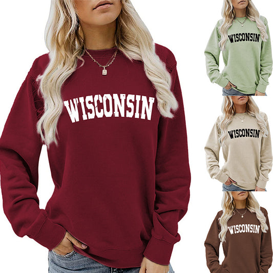 Women's Autumn And Winter Clothing Wisconsin Letter Print Casual Loose Round Neck Hoodie