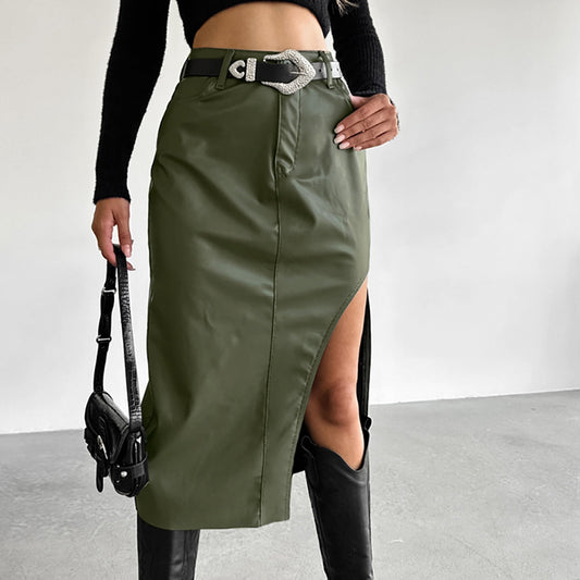 Khaki And Velvet Faux Leather Stretch Slit Skirt New Fall Fashion Women's Dress