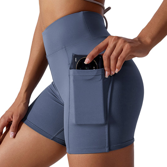 Lycra Nude Yoga Shorts Cargo Pocket Tight Shorts Women's High Waist Quick Dry Running Fitness Pants Women