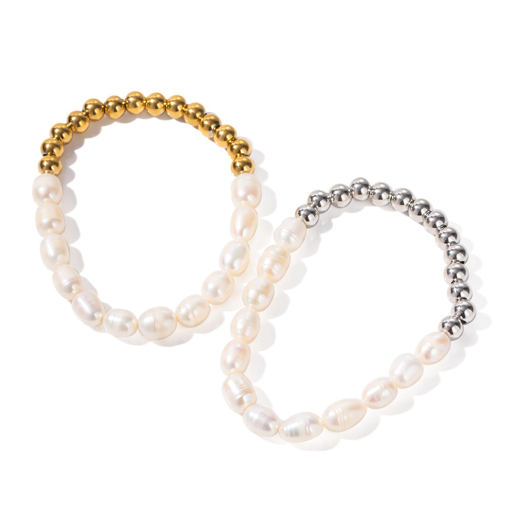 5pcs Stainless Steel Light Pearl Beads Beaded Bracelet Women's Pvd Electroplated 16K Gold Chain Bracelet