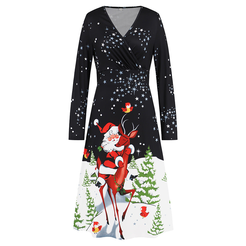 Women's V-Neck Long Sleeve Christmas Print Dress Sexy Christmas Dress Up New Year Party Play Maxi Dress