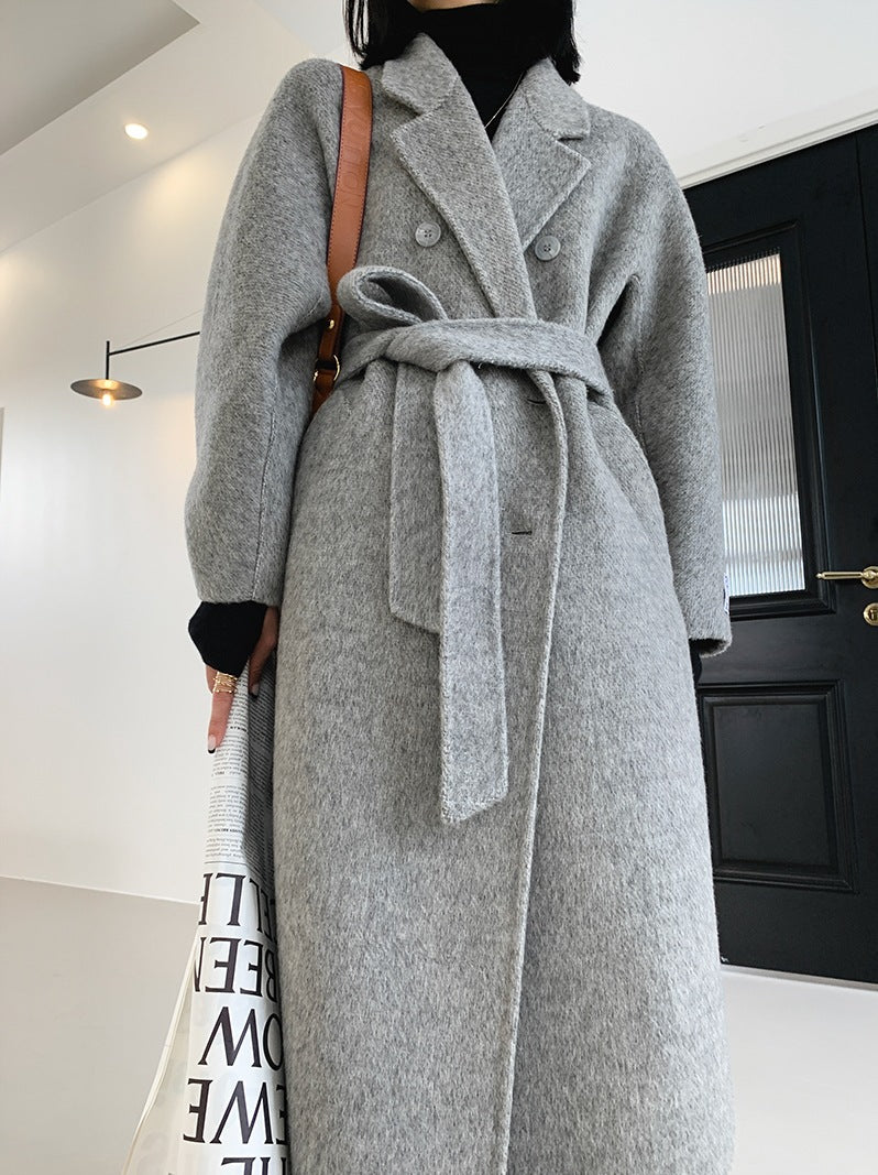 Autumn-Winter Women's European Version M Baby Camel Wool Albaka Herringbone Loose Size Double-Sided Wool Coat