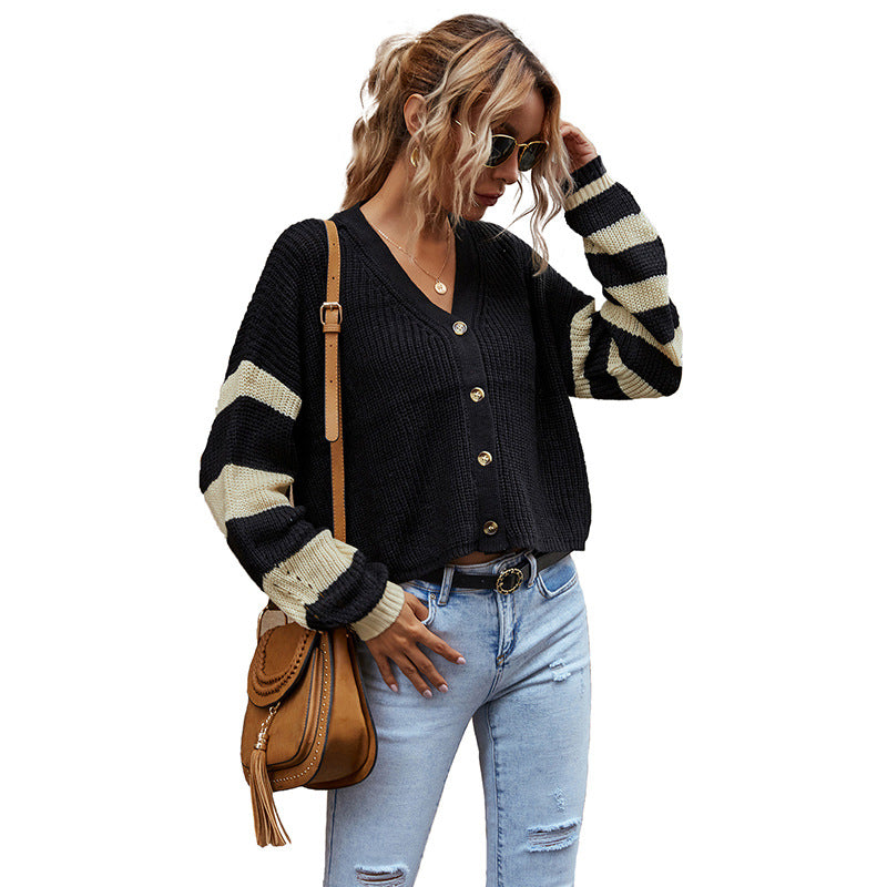 Autumn V-Neck Matching Color Knitted Striped Sweater Short Coat Cardigan