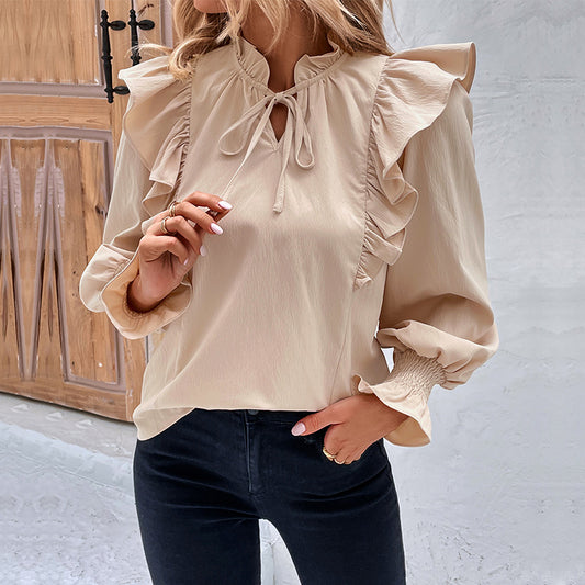 Women's New Spring New Ruffled Long Sleeve Solid Color Shirt Woman