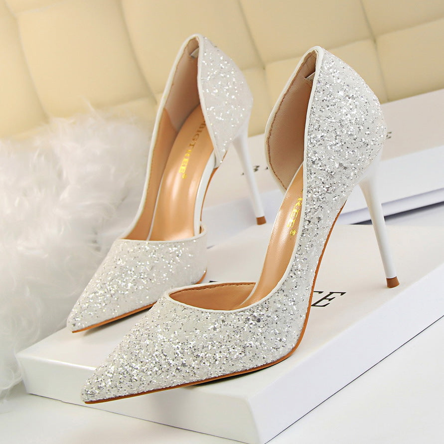 Sexy Nightclub Slim Women's Shoes With Slim Heels, High Heels, Shallow Mouth, Pointed Side Hollowed Sequins