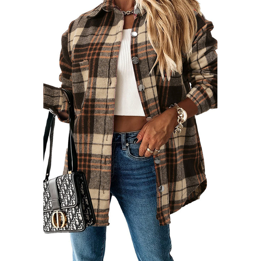 Casual Mid-Length Plaid Jacket Women's Loose Cardigan Lapel Shirt