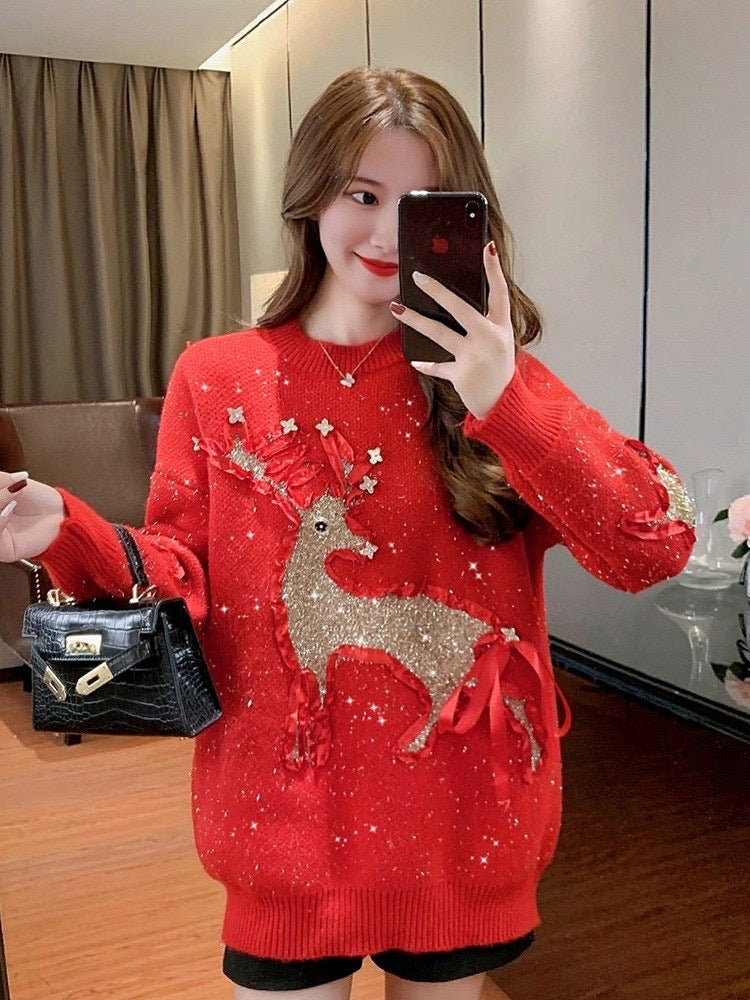 Winter New Christmas Moose Heavy Industry Sweater Women Fashion Loose Atmosphere Feeling Red Thick Sweater Women's Top