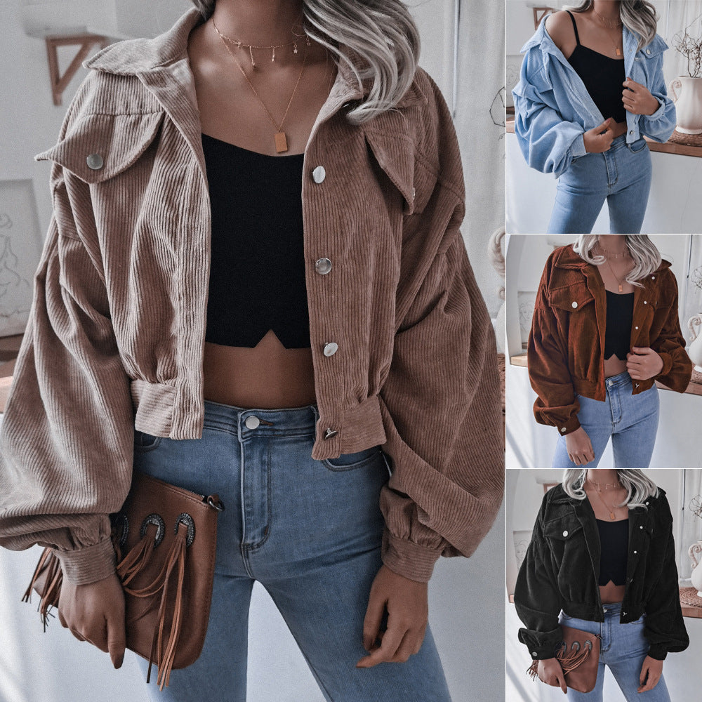 Wind Autumn Winter Lantern Long Sleeve Corduroy Casual Short Jacket  Women's Wear