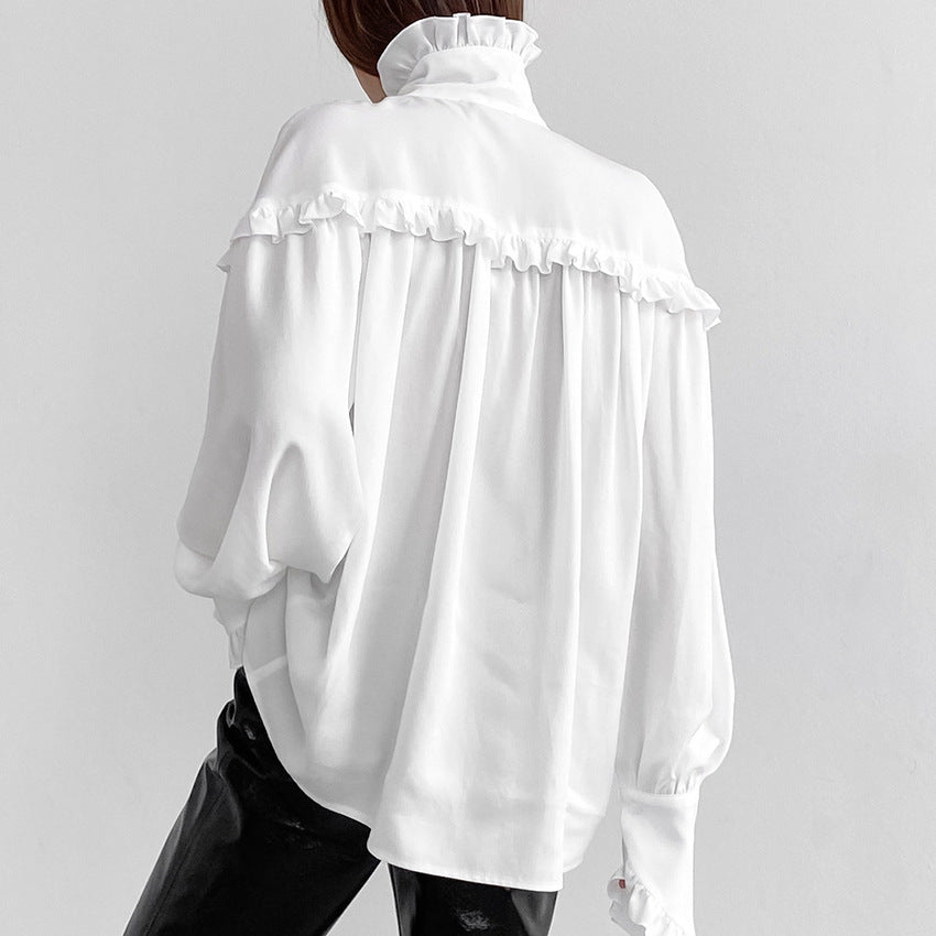 White Lapel Design Lace Chiffon Loose Temperament Shirt New Autumn Fashion Women