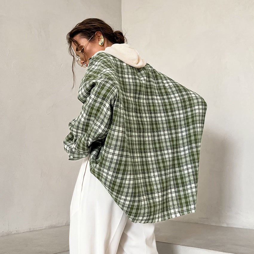 Green Plaid Terylene Cotton Lapel Retro Casual Loose Shirt New Autumn Fashion Cardigan