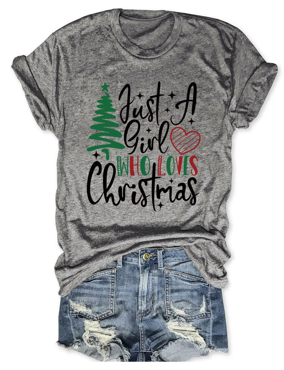 New Just A Girl Fun Christmas Tree Print Round Neck Short Sleeve Female Spot