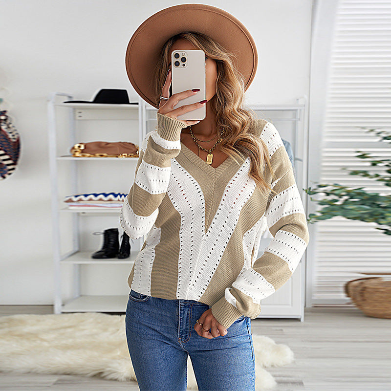 Casual V-Neck Loose Sweater Woman Autumn And Winter New Fashion Striped Color Pullover Sweater Woman