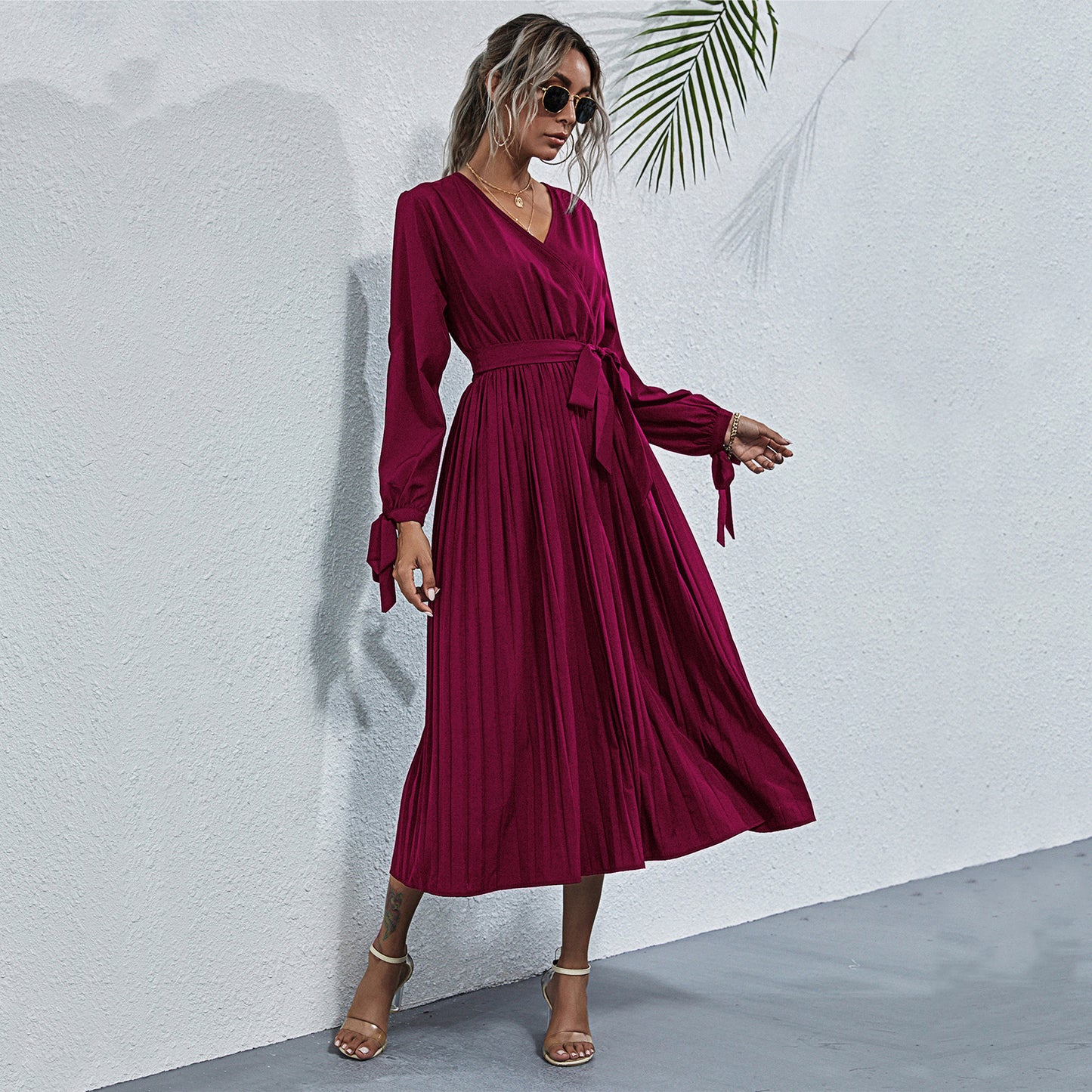 Autumn Long-Sleeved V-Neck Hollowed-Out With Pleated Dress Women