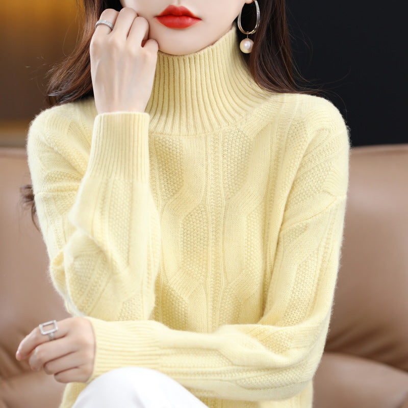 Autumn/Winter New 100 Woolen Sweater Women's Turtleneck 7 Needle-Hemp Jacquard Woolen Base Loose All-Match Sweater Top