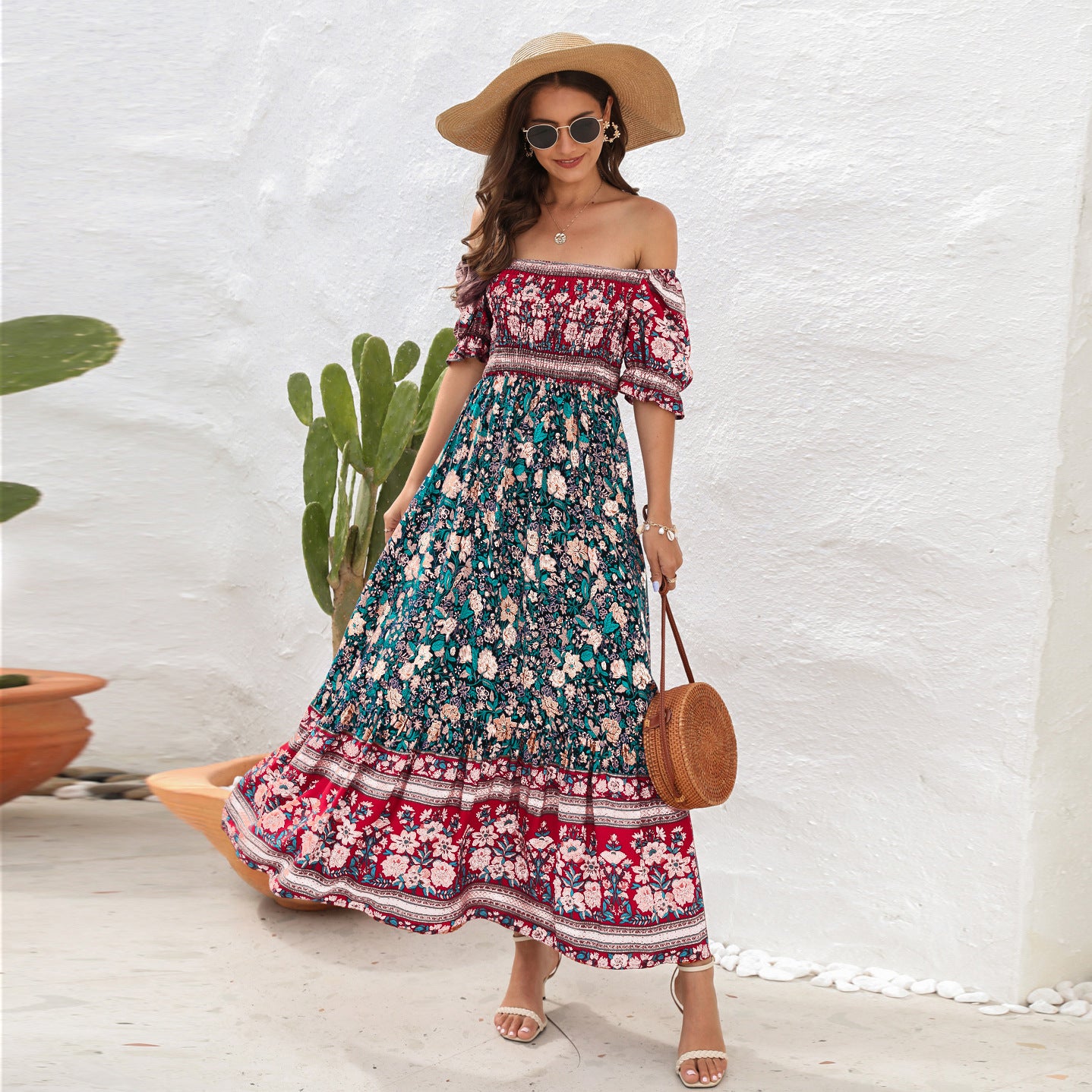 Bohemian Beach Holiday Dress One-Shoulder Puff Sleeve Long Dress