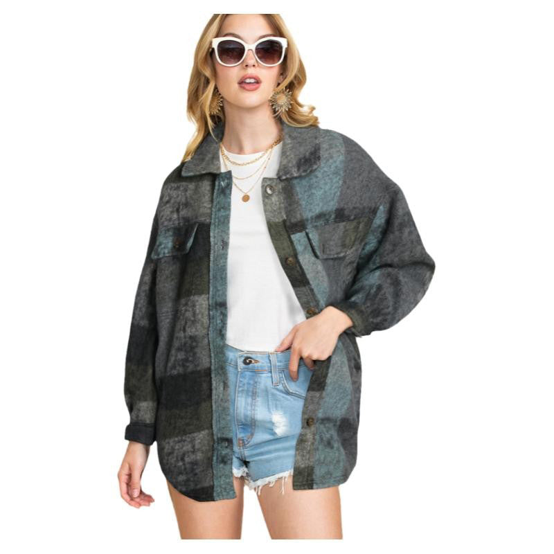 Autumn New Loose Multi-Color Long-Sleeved Coat Women Long Casual Fleece Plaid Jacket Women