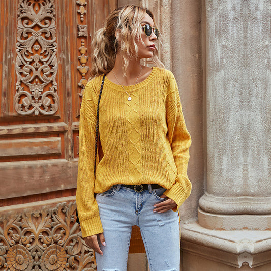 Autumn Round Neck Solid Color Twist Flower Fork Knit Bottom Sweater Sweater Female