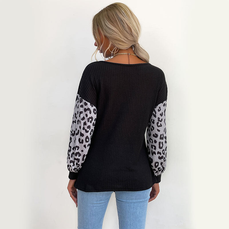 New Fashion Women's Crew-Neck Long Sleeve Stitching Leopard Print Black Sweater