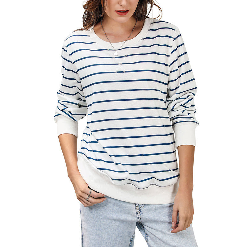 Early Autumn New Striped Long-Sleeved Top Women Casual Style Loose Pullover Crewneck Sweater Women