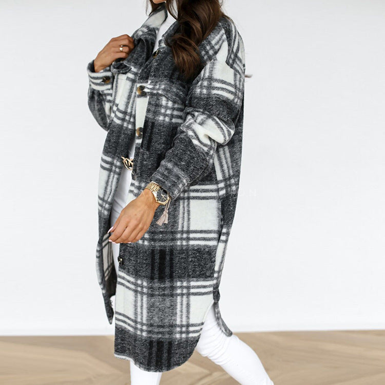 Autumn And Winter Long-Sleeved Checkered Trench Coat Wool Lapel Shirt Coat