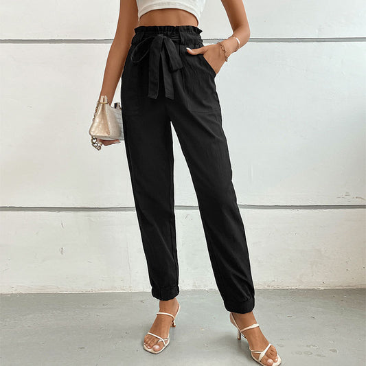 New Spring Summer High-Waist Lace-Up Pants Casual Pocket Pants Women