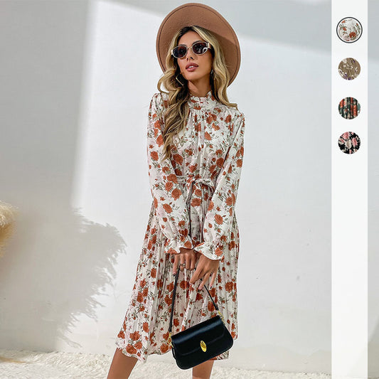 Fashion Women's Print Long-Sleeved Semi-High-Neck Dress