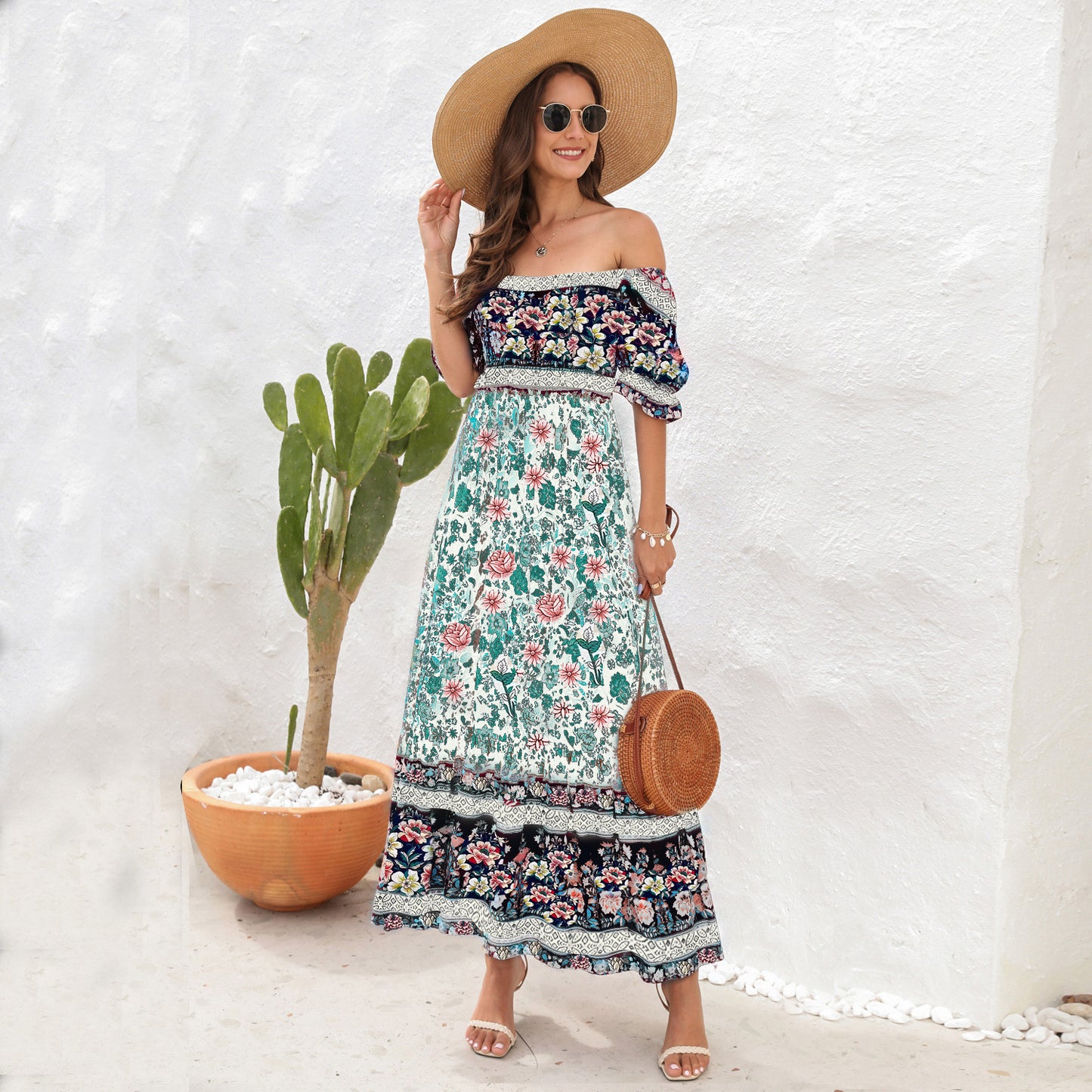 Bohemian Beach Holiday Dress One-Shoulder Puff Sleeve Long Dress