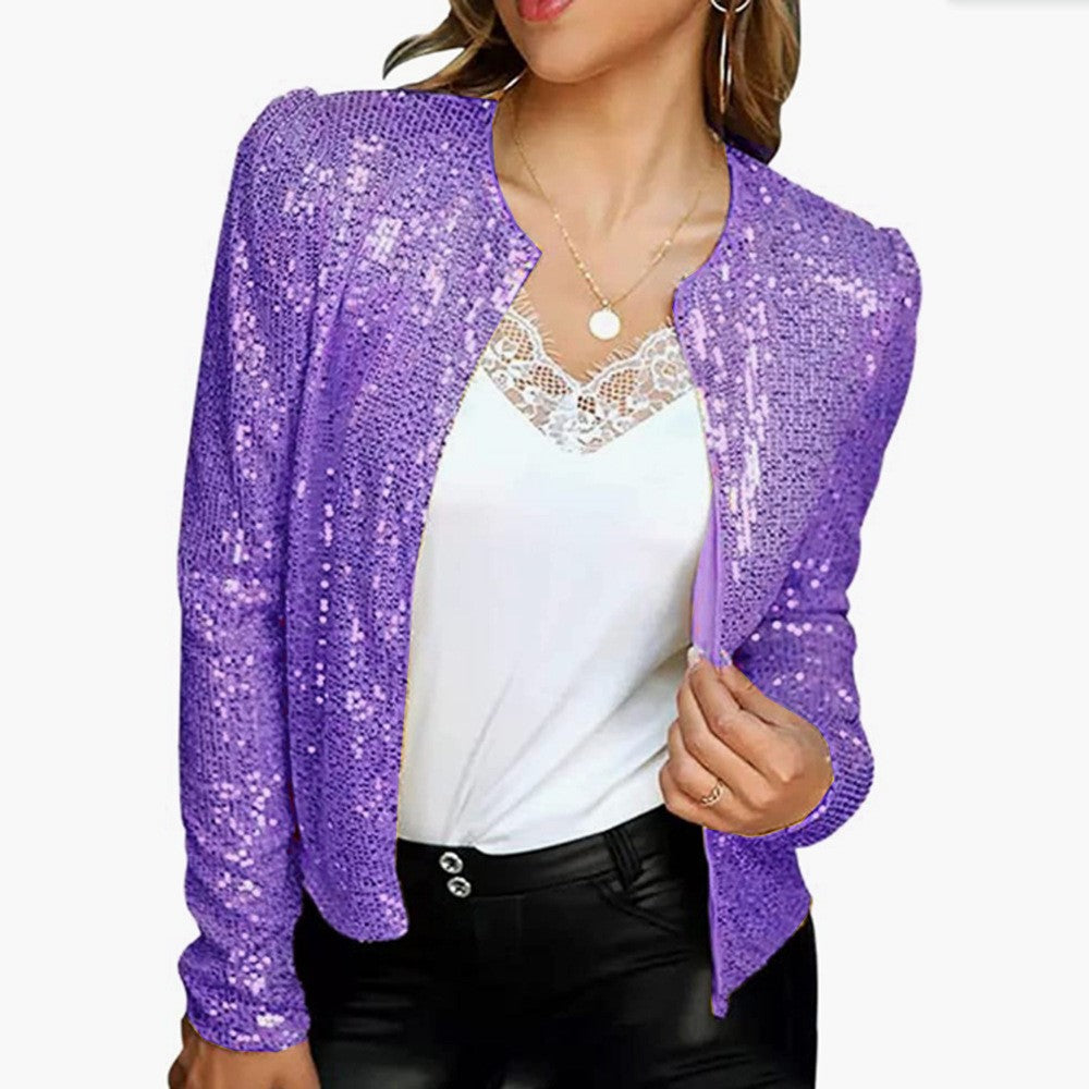 Spring New Women's Fashion Stand Collar Matching Color Sequin Coat Short Casual All-Matching Small Coat