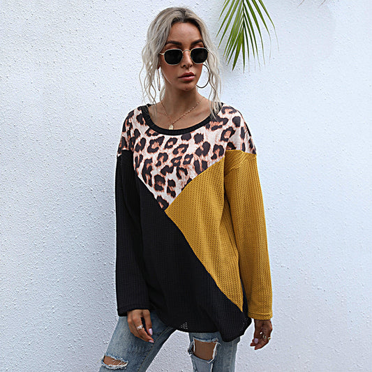 Top Women's Leopard Print Splicing Round Neck Loose Long Sleeve Long Knit Shirt