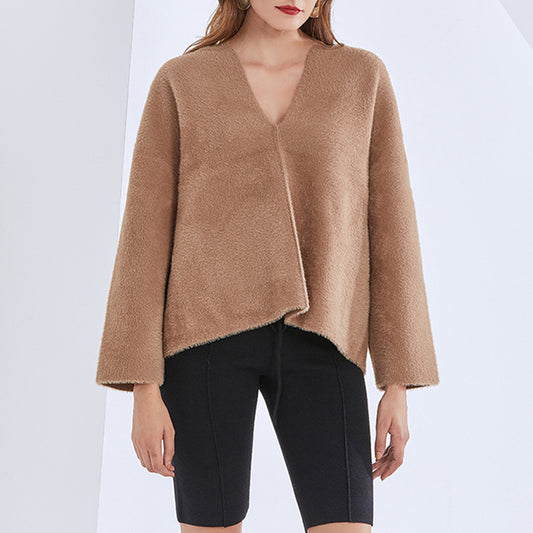 Spring New Fashion Temperament Casual Knitwear Design Sense V-Neck Long Sleeve Loose Solid Color Sweater