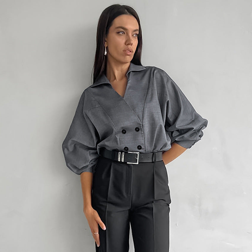 Gray Lapel Bat-Sleeved Baggy Double-Breasted Shirt New Fall Fashion Women's Top