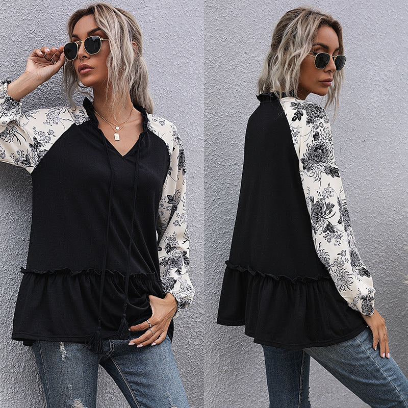 Style Casual Jacket Medium Long Loose Long-Sleeved V-Neck Black T-Shirt