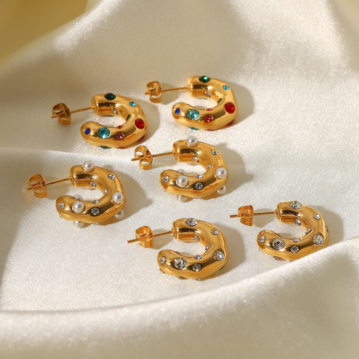 5pcs Shaped Hammer Pattern Inlaid With Zircon Inlaid Pearl C-Shaped Earring 18K Gold Stainless Steel Earrings