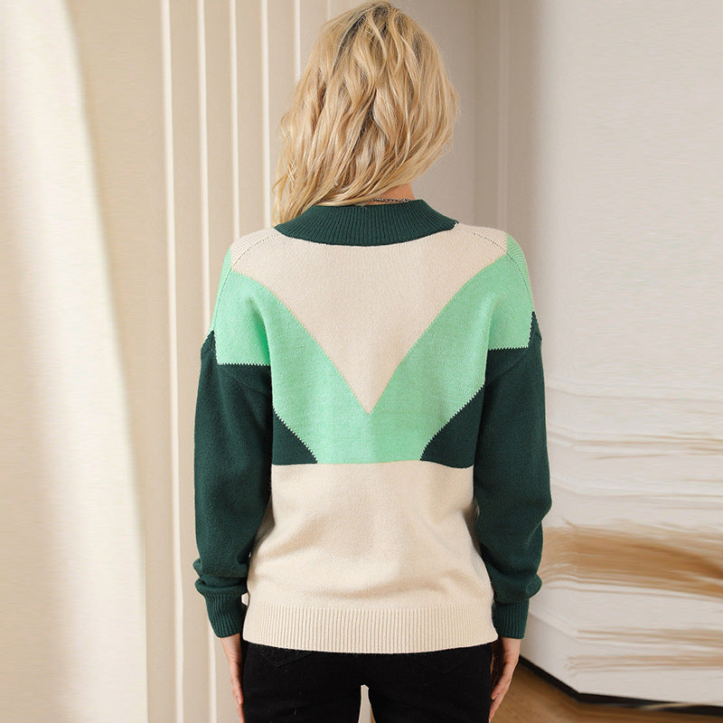 Casual Match Color Stand Collar Sweater Female New Autumn And Winter Geometric Block Pullover Long Sleeve Knitted Top Female